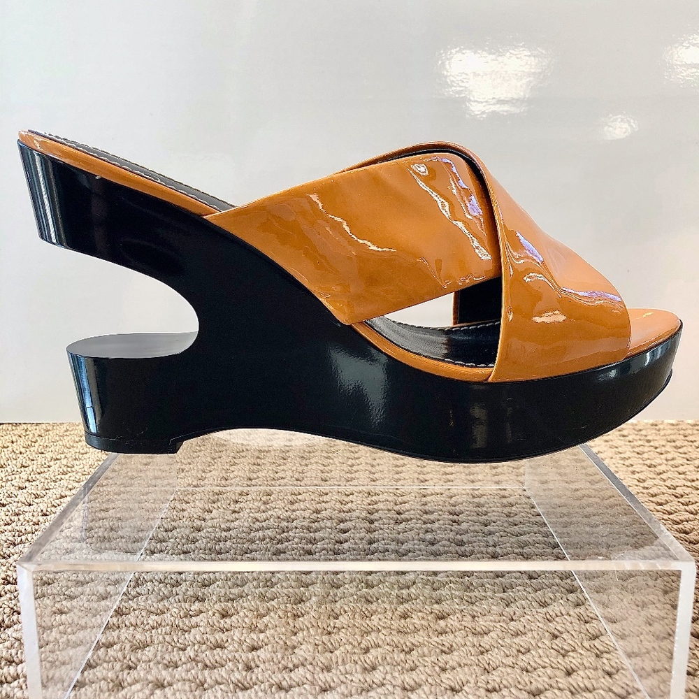 Linea Paolo Butterscotch "Tan" Patent Sandal Wedge